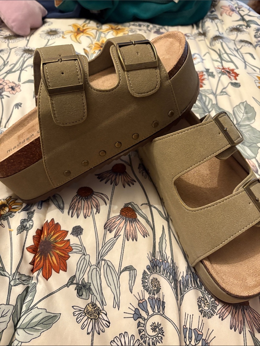 Madden Girl Olive Green Suede Double-Buckle Platform Mules NWOT
